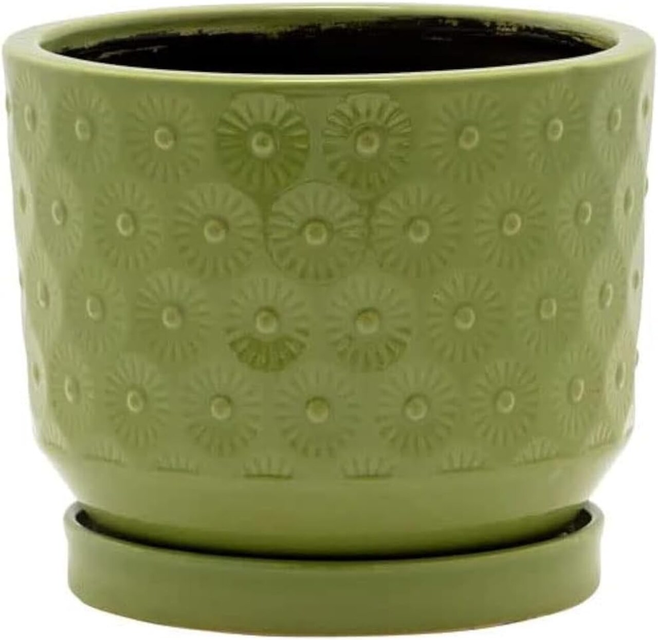 Ceramic Planter Pot with Saucer - Flower Design Moss Green, 5.75 x 5.25